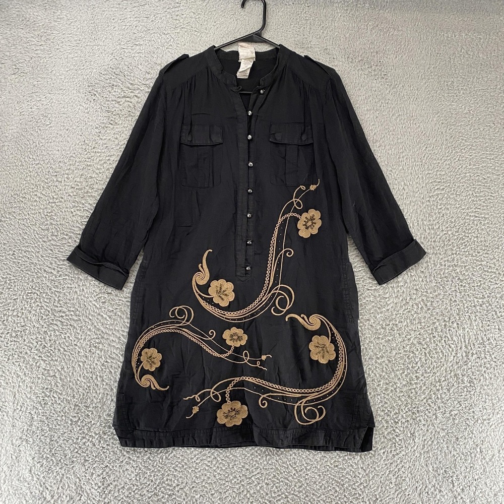 Da-Nang Y2K Dress Womens Medium Black Embroidered Tunic Floral Boho Cotton 90s